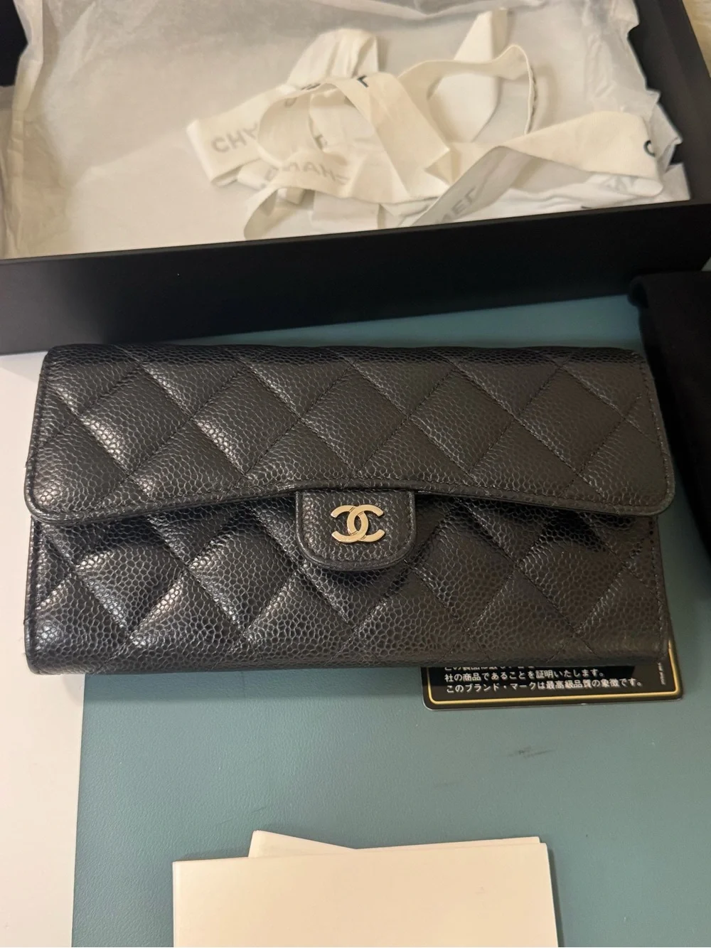 CHANEL Black Quilted Caviar Leather Wallet with Gold CC Lock